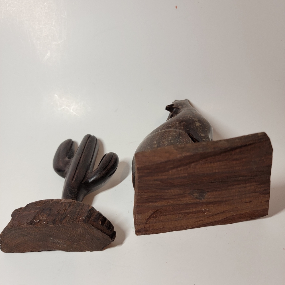 Vintage Ironwood Carved Saguaro Wooden Coyote and Cactus Sculpture Set (2) - Picture 5 of 5